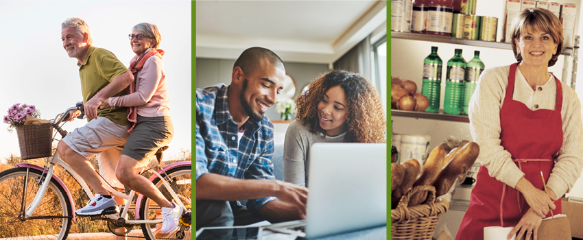 Collage of Retired Couple riding a bike, a young couple looking at a laptop and a small business owner 